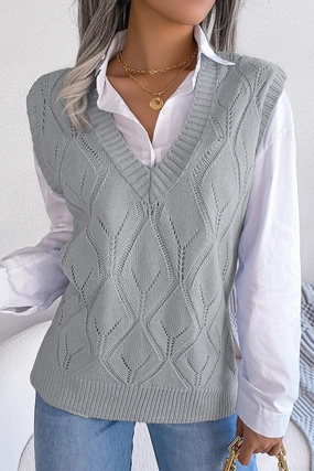 WOMEN PUNCHING KNITTED LOOSE FIT SWEAT VEST Ribbed Hem Finish CompressionSupportWeave