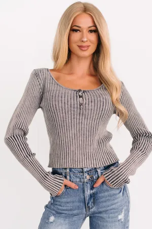 Drama Due Washed Rib Knit Henley Top (Charcoal) Quick Access Pockets Contrast Stitch Detailing