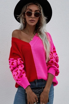 V NECK LEOPARD TOP Drop Shoulder Hydrophobic Threadwork