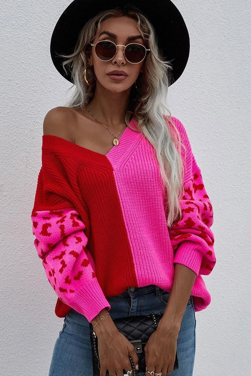 V NECK LEOPARD TOP Drop Shoulder Hydrophobic Threadwork