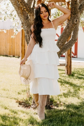 My Unique Perspective Tiered Ruffle Midi Dress (White) Matte-Lining