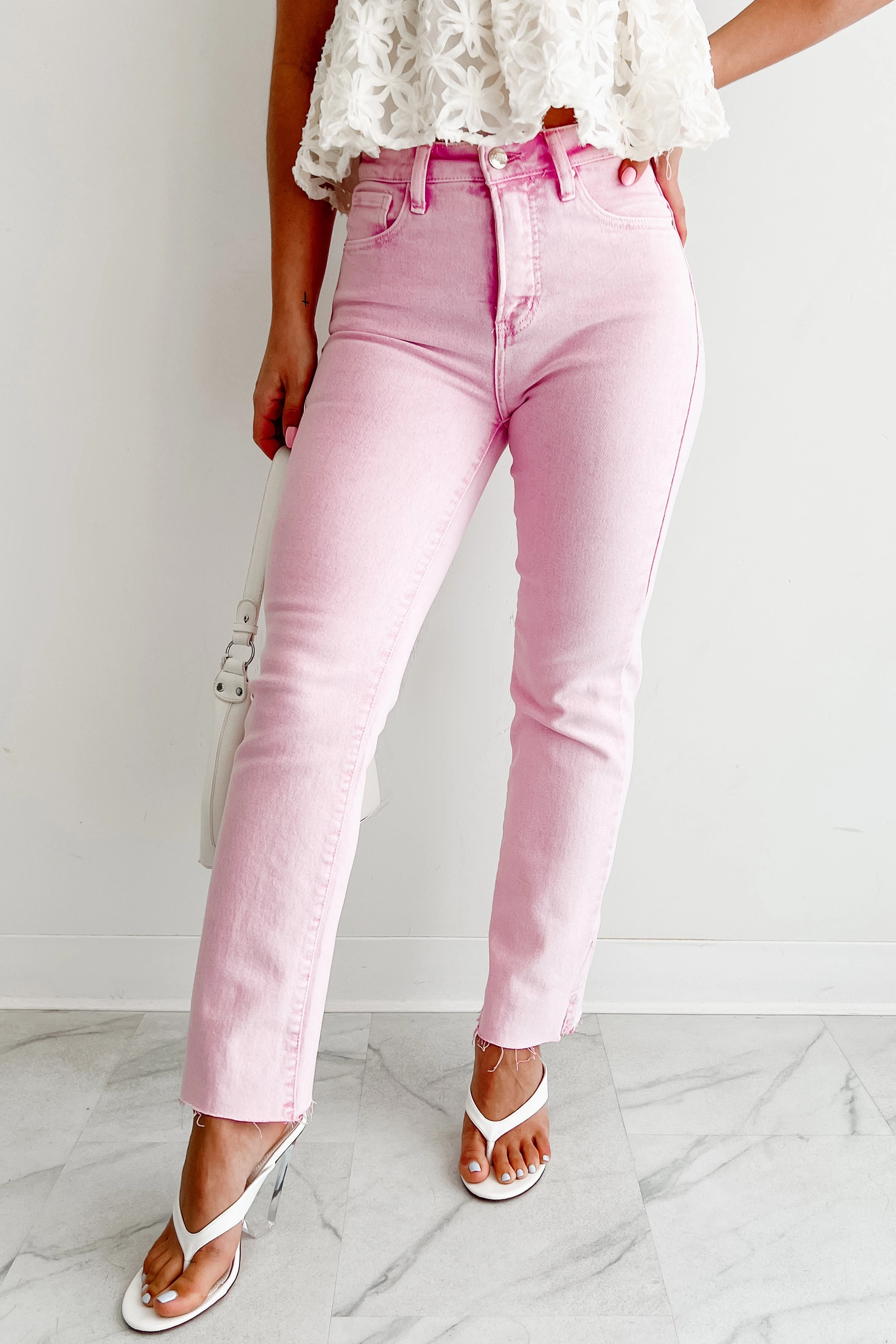 Light wash Dynamic Flex Panels Nadine High Rise Straight Leg Risen Jeans (Acid Pink)