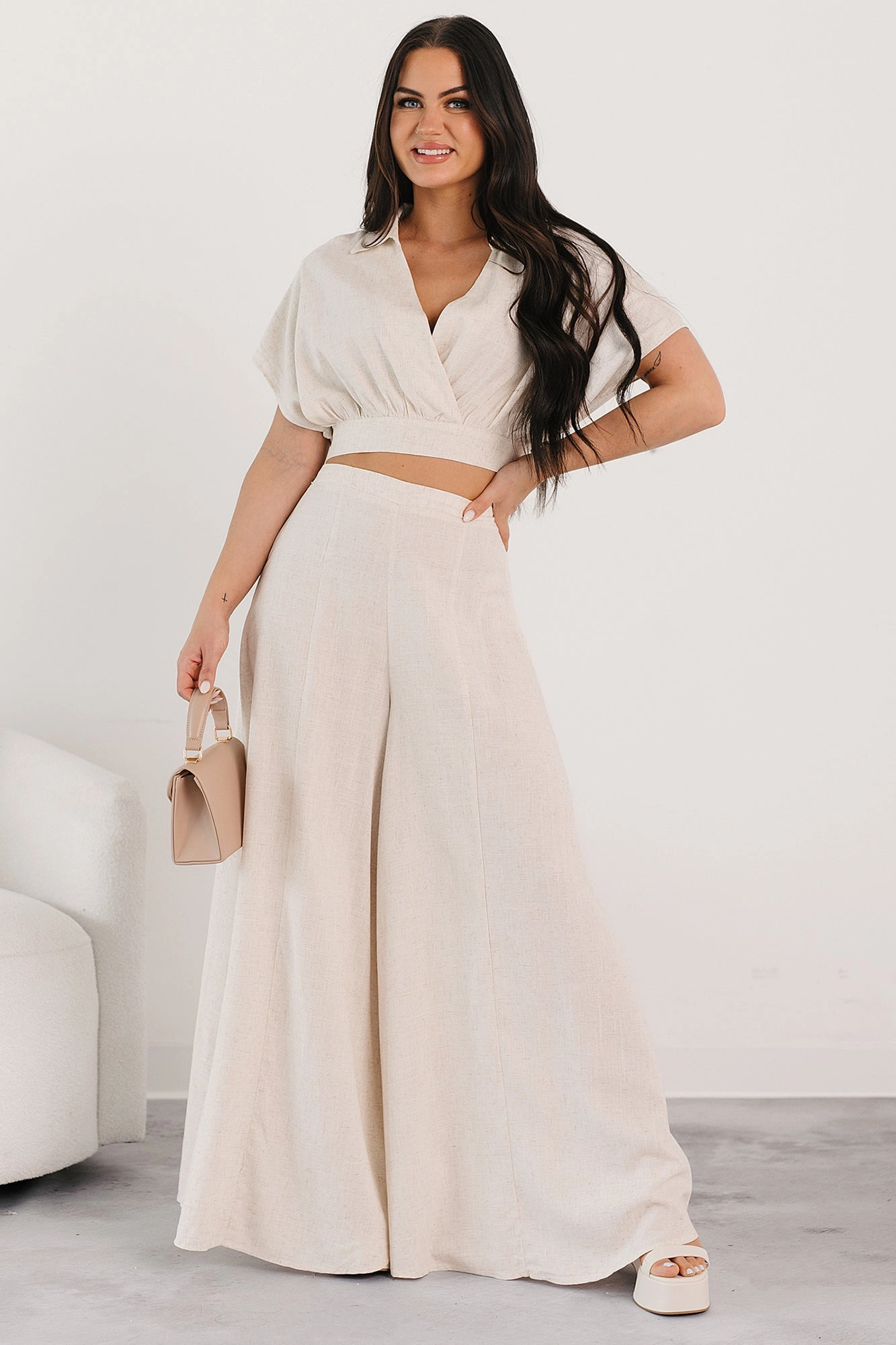 Full Comfort Tough Build Chic and Simple Crop Top & Palazzo Pants Set (Oatmeal)