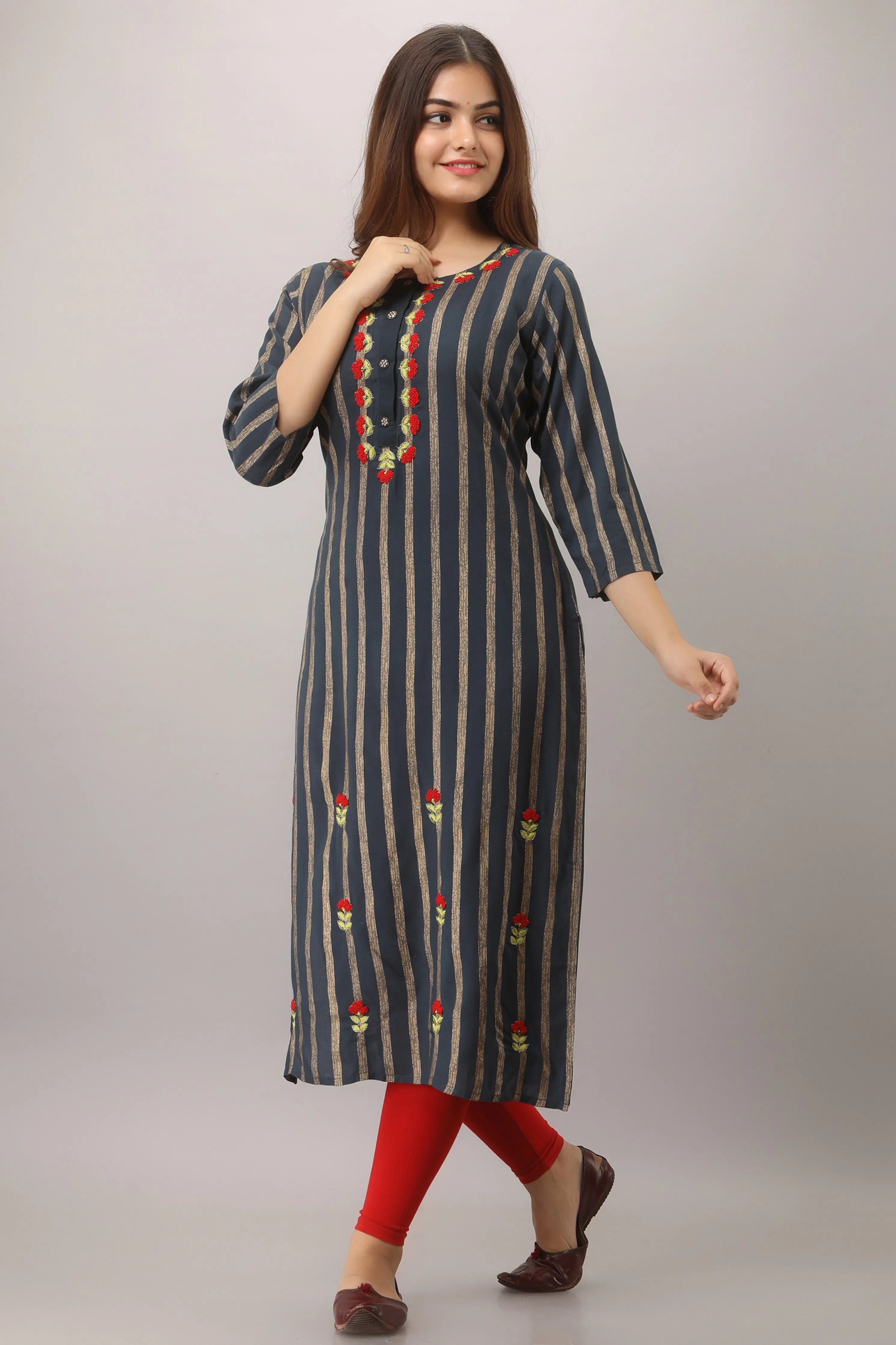 Navy Blue Color Rayon Straight Womens Kurta