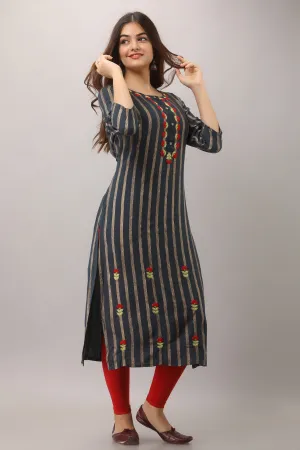 Navy Blue Color Rayon Straight Womens Kurta