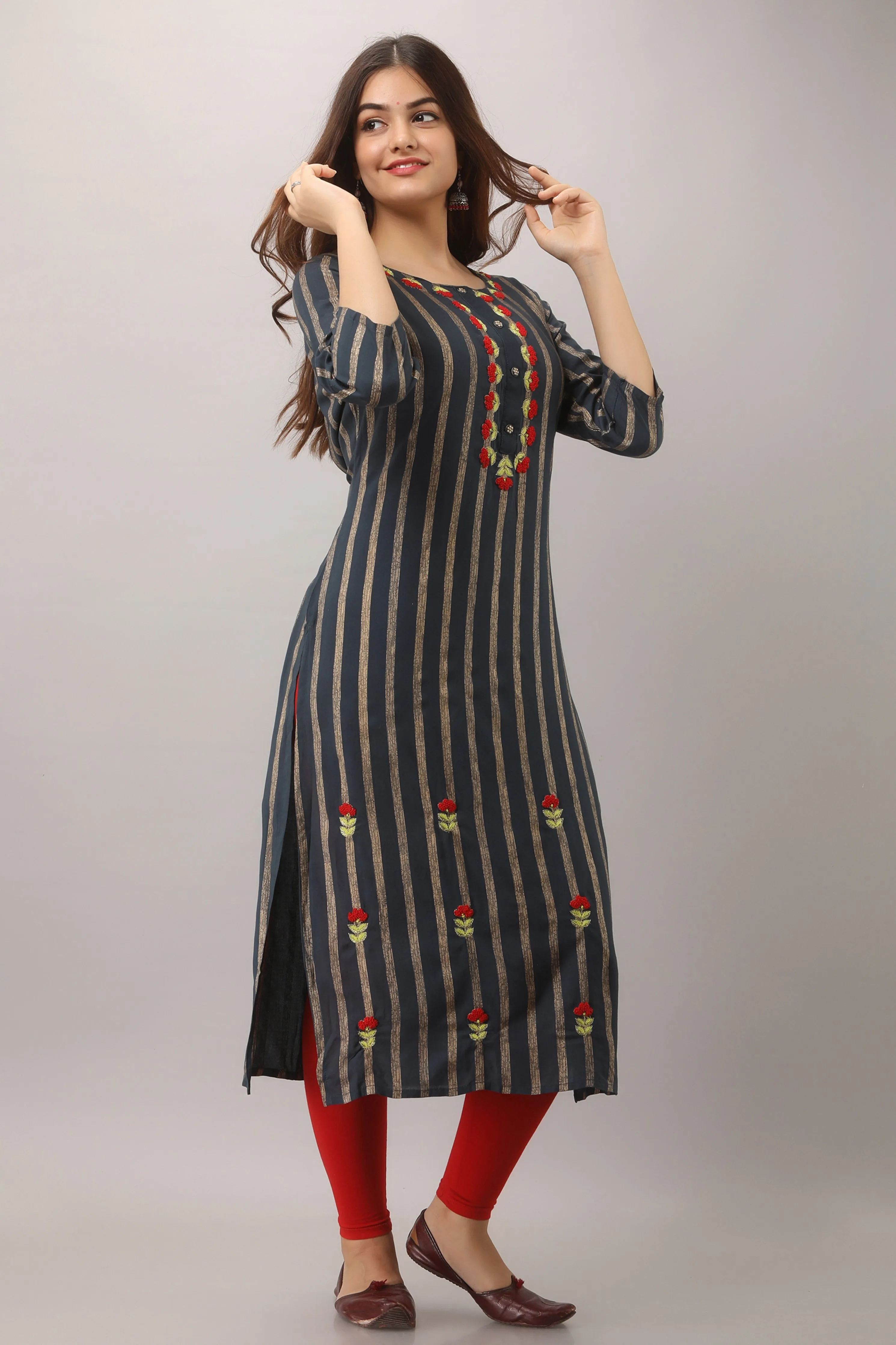 Navy Blue Color Rayon Straight Womens Kurta
