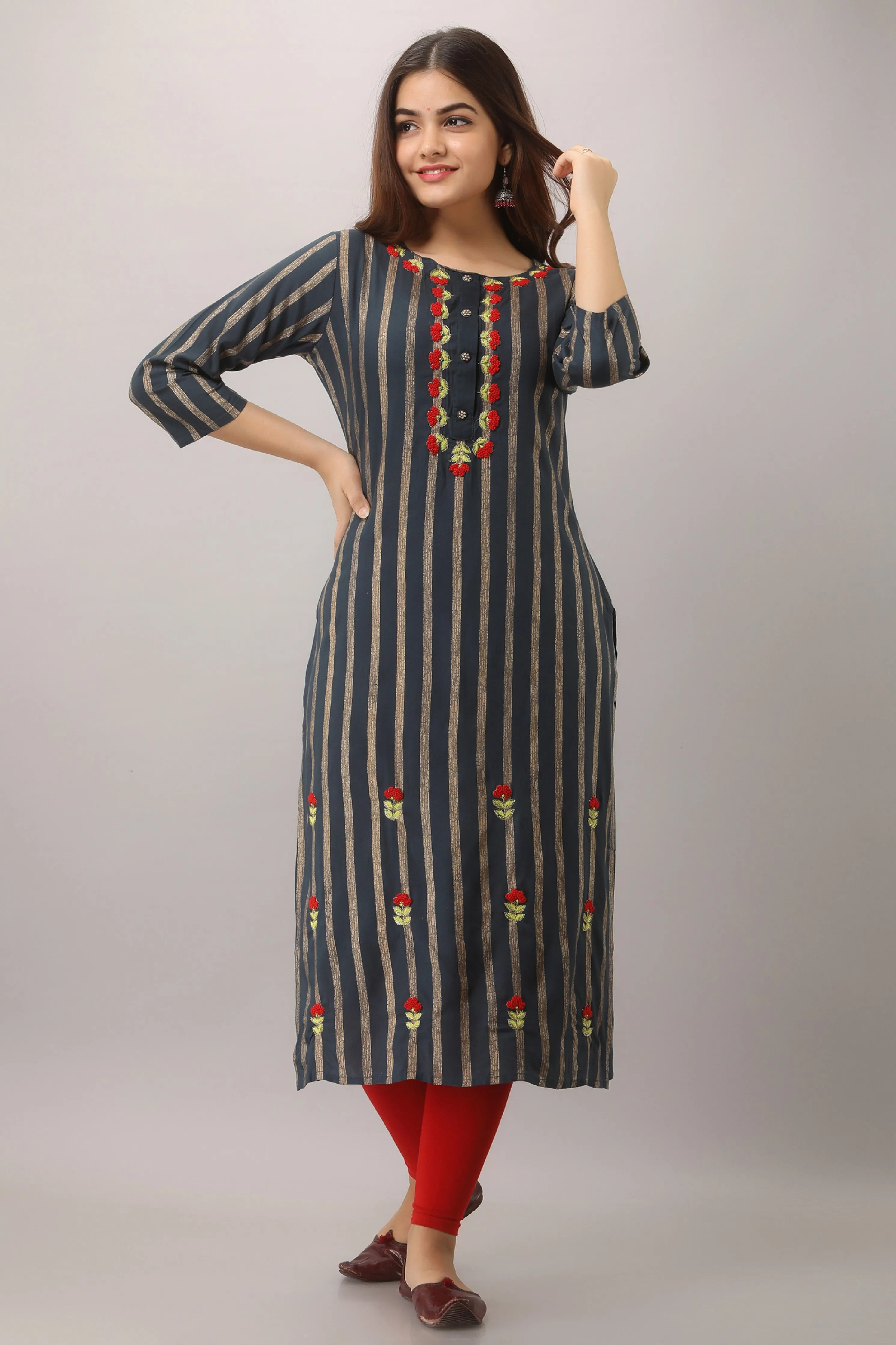 Navy Blue Color Rayon Straight Womens Kurta