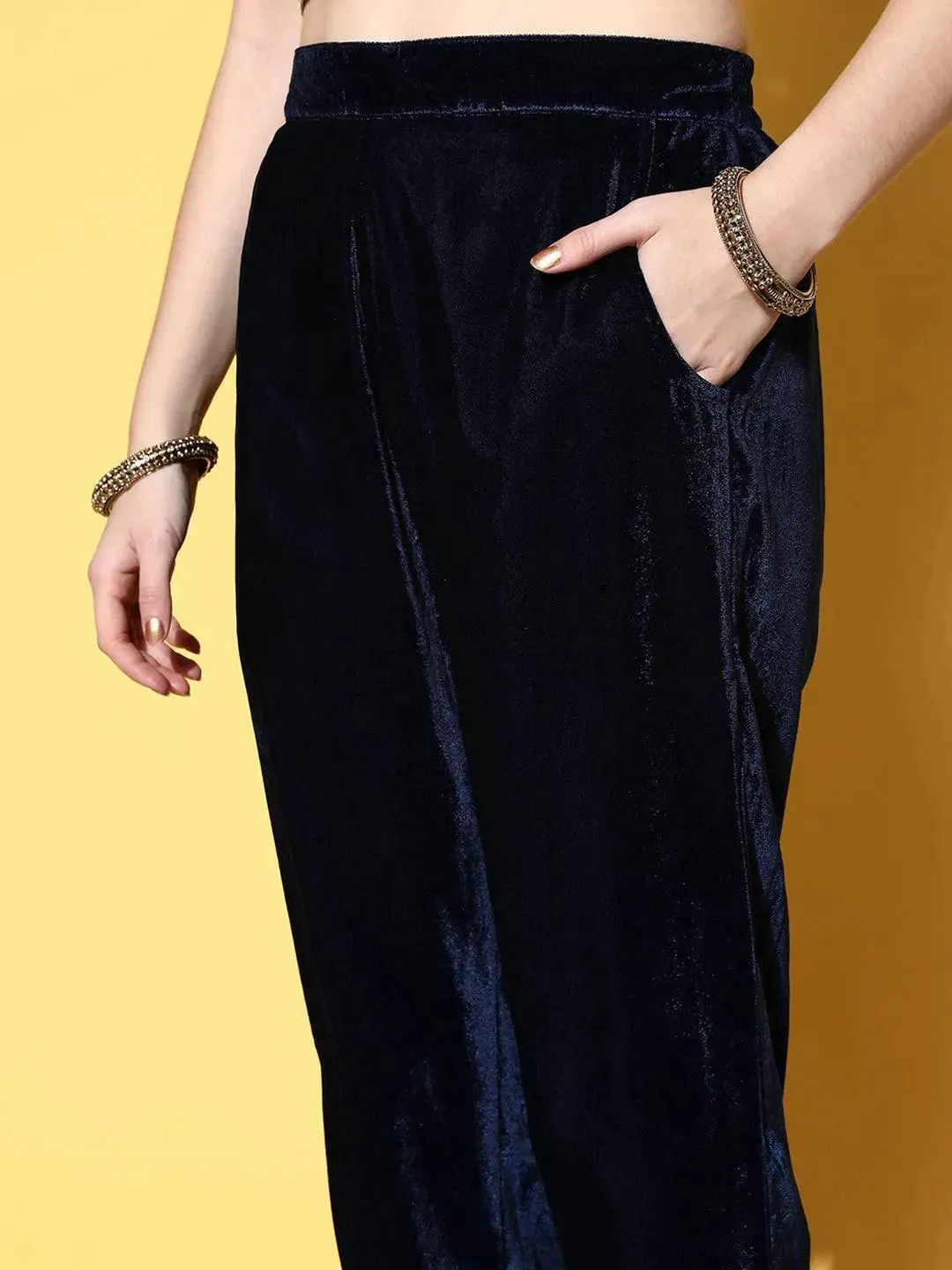 Navy Blue Solid Velvet Trousers