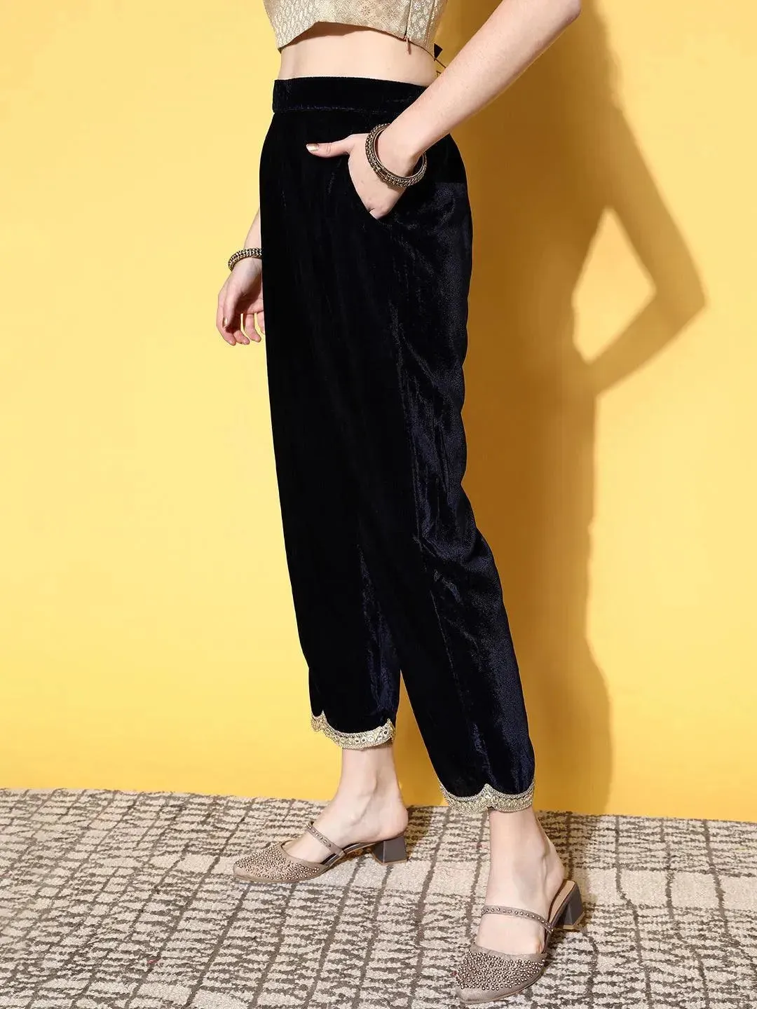 Navy Blue Solid Velvet Trousers