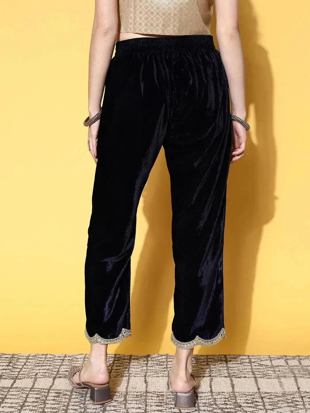 Navy Blue Solid Velvet Trousers