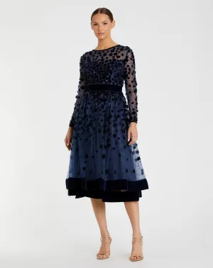 Navy Embellished Illusion High Neck Long Sleeve Fit & Flare Dress