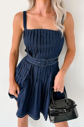 Hustle In Heels Pleated Sleeveless Mini Dress (Denim) Smooth Design