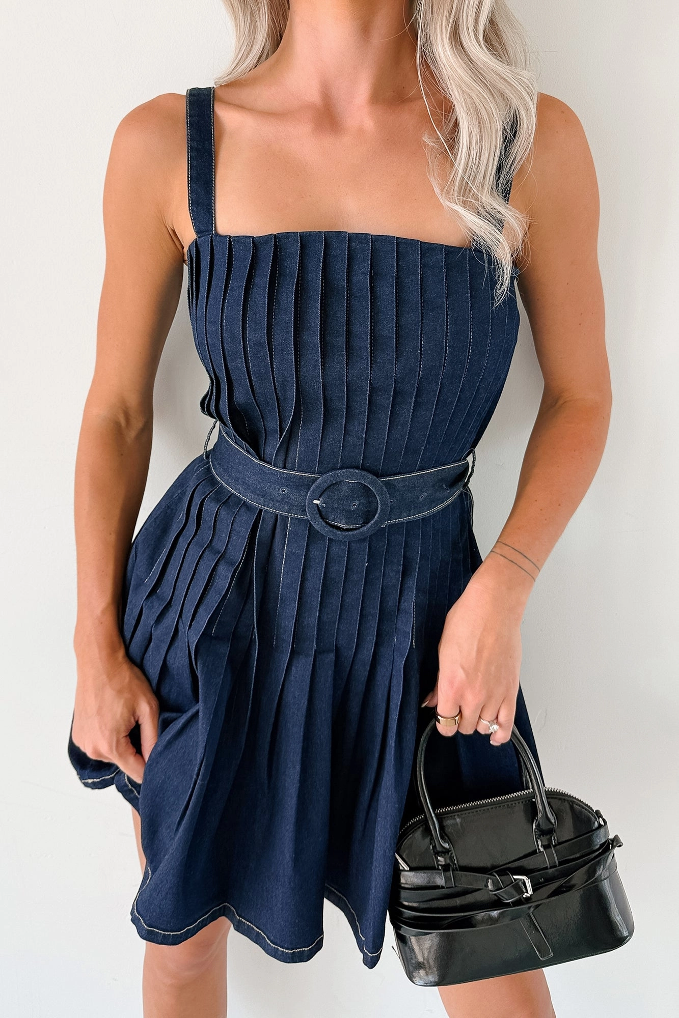 Hustle In Heels Pleated Sleeveless Mini Dress (Denim) Smooth Design