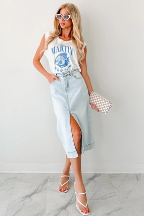 Skirtin' Around High Rise Denim Midi Skirt (Light) Simple Layers Smart Texture