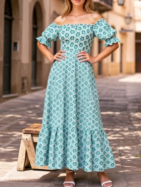 Silky Form Printed Puffed Sleeve Maxi Swing Dress ??Elegant High-Waist Flowy Dress for All Seasons