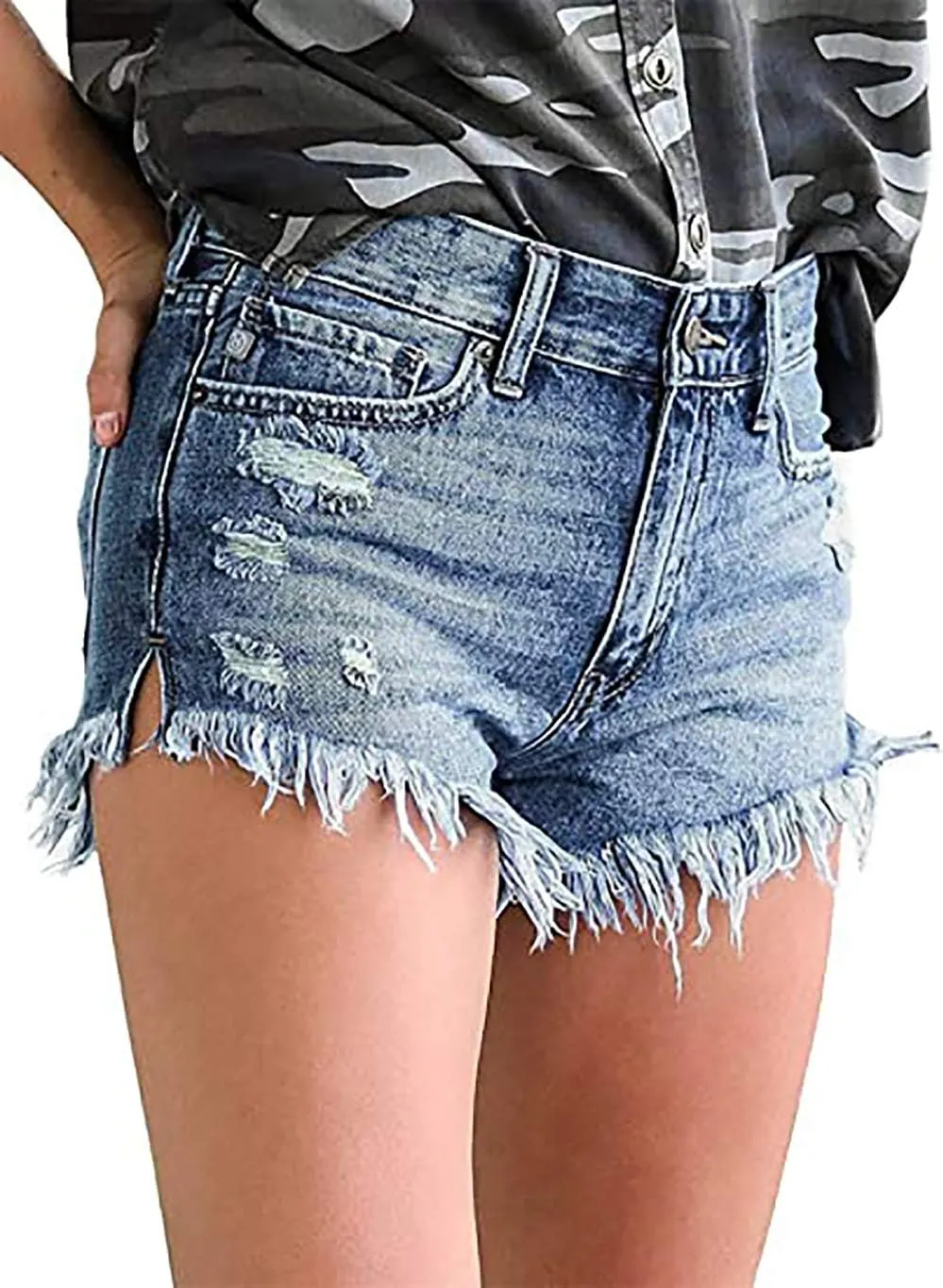 Necooer Women Denim Shorts Casual Summer Mid Waist Stretchy Denim Jean Shorts
