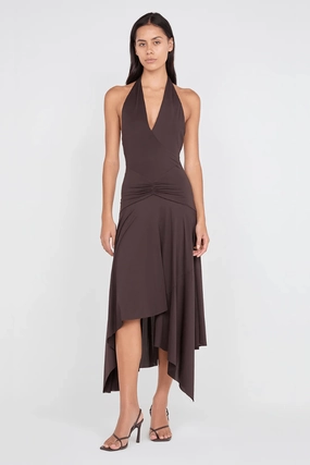 High Waist Gloss Accent Nessie Halter Dress Dark Chocolate