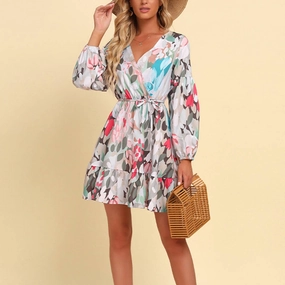 BOHO STYLE V-NECK PRINT LACE-UP LONG-SLEEVED DRESS_CWDSD4304 Neutral Finish
