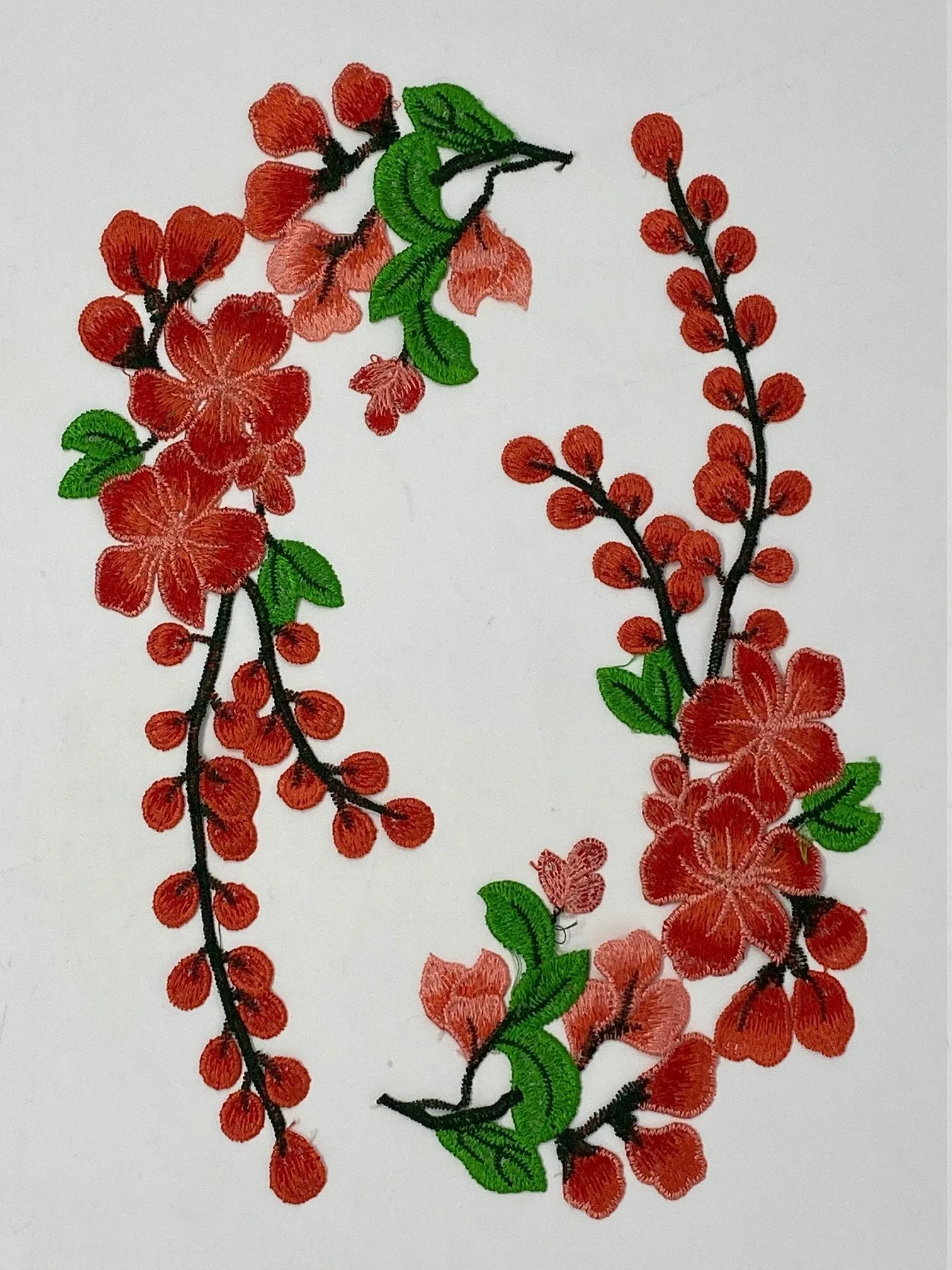 NEW, 2 Pc., Red Lace Flowers with Leaves and Stems, Sew-on Lace Flower Set, Great for Shoes, Denim,Jackets, Sweaters, Etc. Size 12 inches