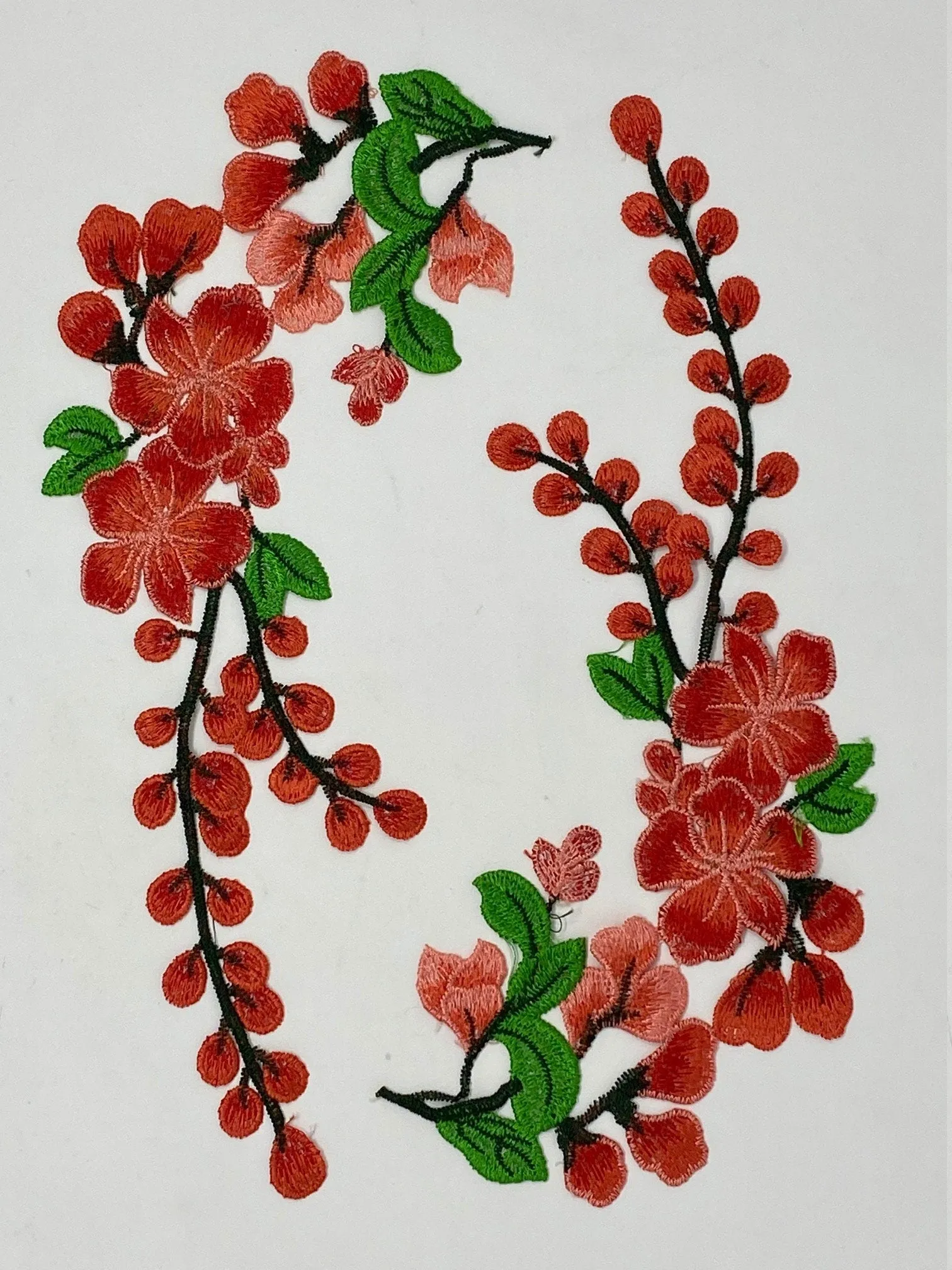 NEW, 2 Pc., Red Lace Flowers with Leaves and Stems, Sew-on Lace Flower Set, Great for Shoes, Denim,Jackets, Sweaters, Etc. Size 12 inches