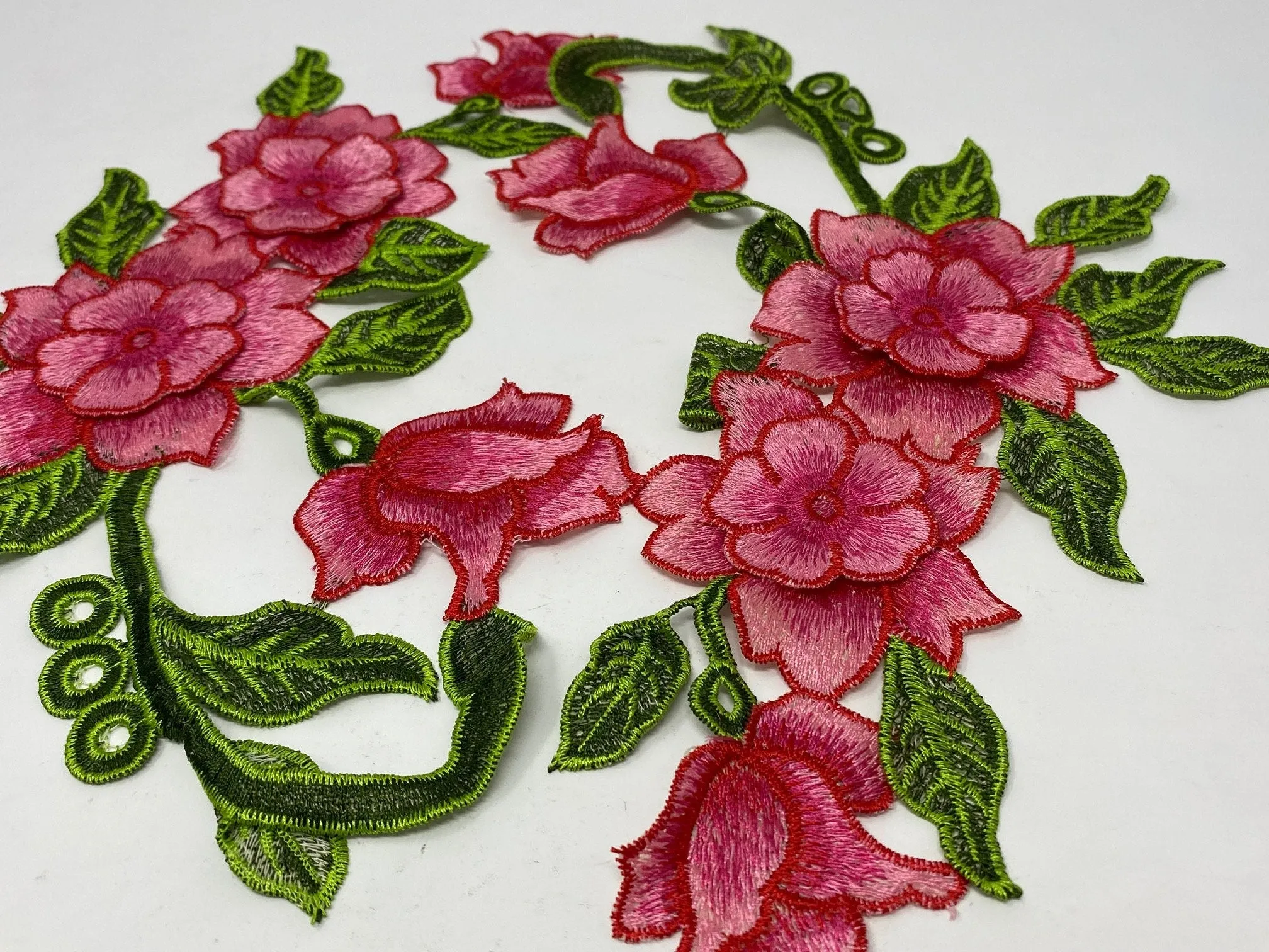 NEW, 2 Pc.,3D Pink Lace Flowers with Leaves and Stems, Sew-on Lace Flower Set, Great for Shoes, Denim,Jackets, Sweaters, Etc. Size 12 inches