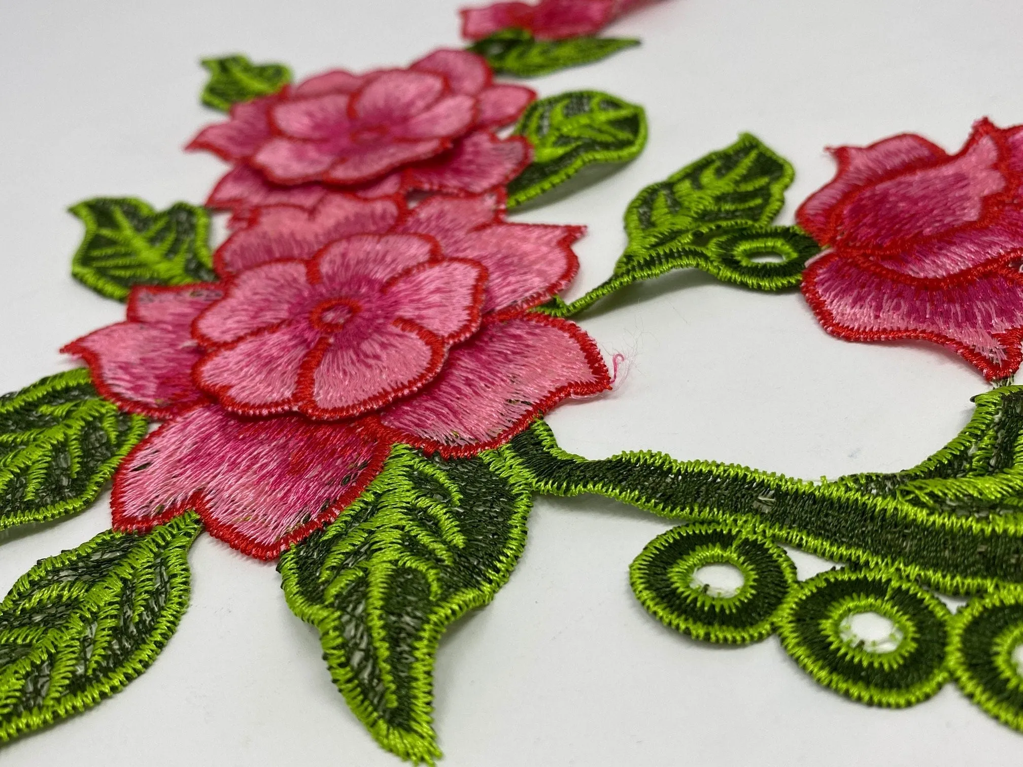 NEW, 2 Pc.,3D Pink Lace Flowers with Leaves and Stems, Sew-on Lace Flower Set, Great for Shoes, Denim,Jackets, Sweaters, Etc. Size 12 inches