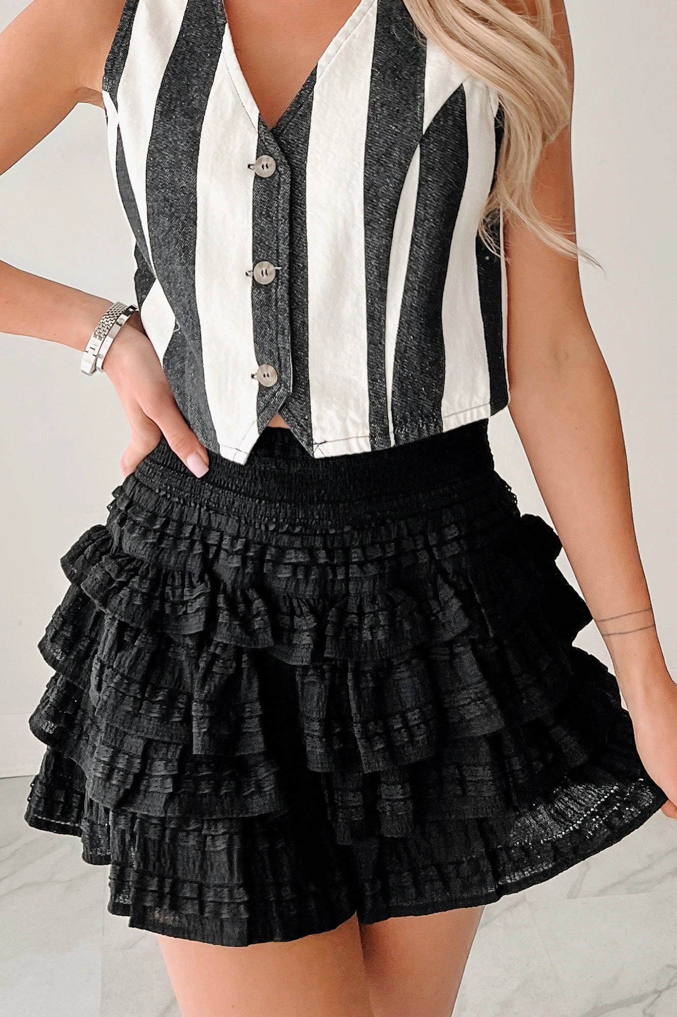 Next Era Energy Ruffle Smocked Mini Skort (Black) Bright Colors Luxury Brand