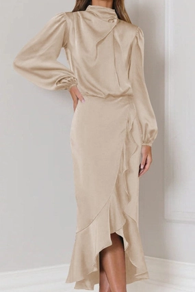 WOMEN ELEGANT LONG SLEEVE RUFFLE WRAP PARYT DRESS Artistic Edge