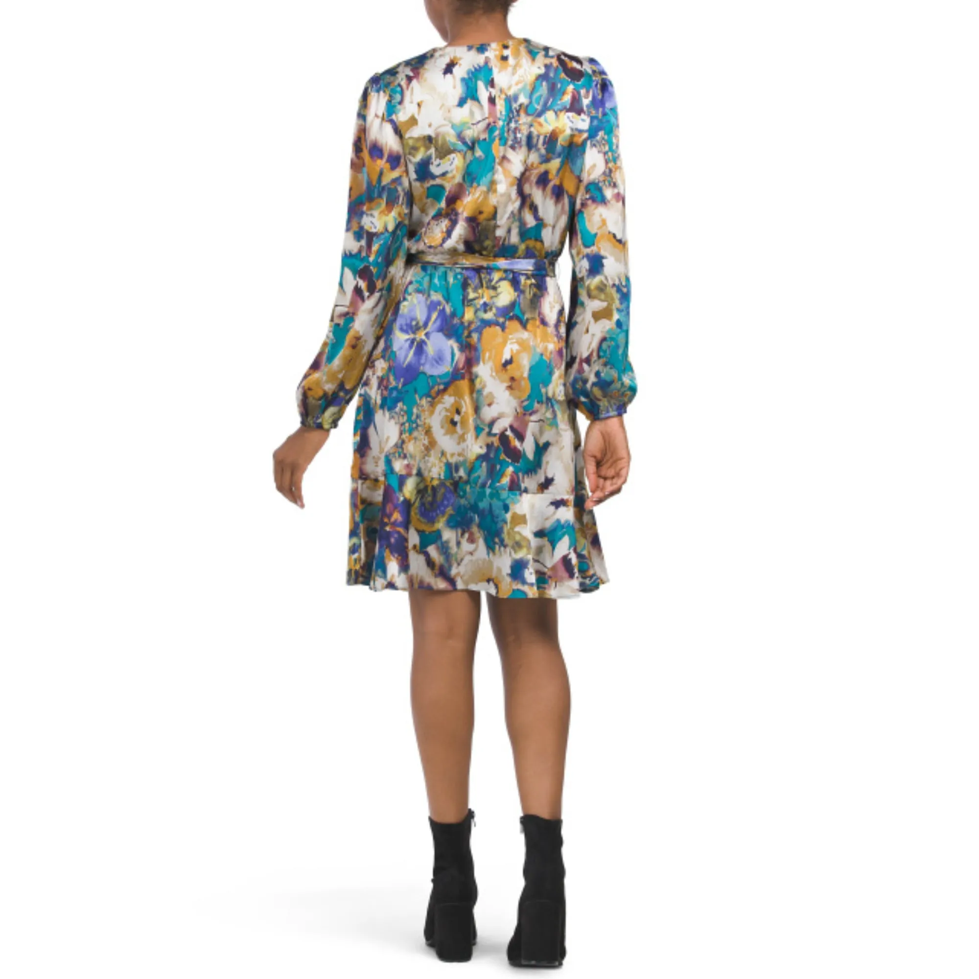NICOLE MILLER NY Women's Long Sleeve Floral Satin Wrap Style Mini Dress