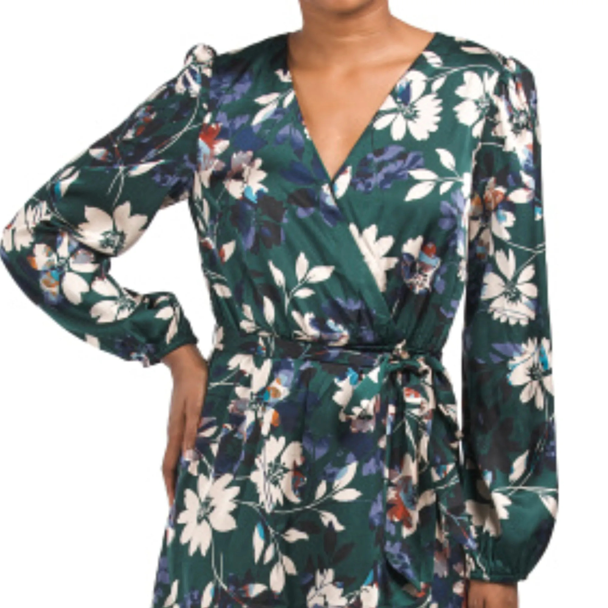 NICOLE MILLER NY Women's Long Sleeve Floral Satin Wrap Style Mini Dress