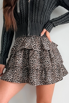 Travel Ready Patchwork Design Wildly Unexpected Leopard Print Ruffle Skirt (Mocha Mix)