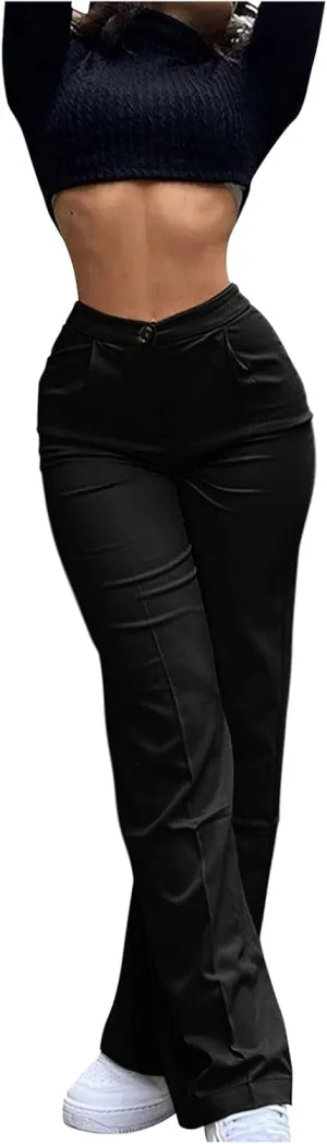 niuwa Women's Fit Straight Leg Pants High Waisted Solid Color Office Business Work Pants Casual Trousers (Black, M)