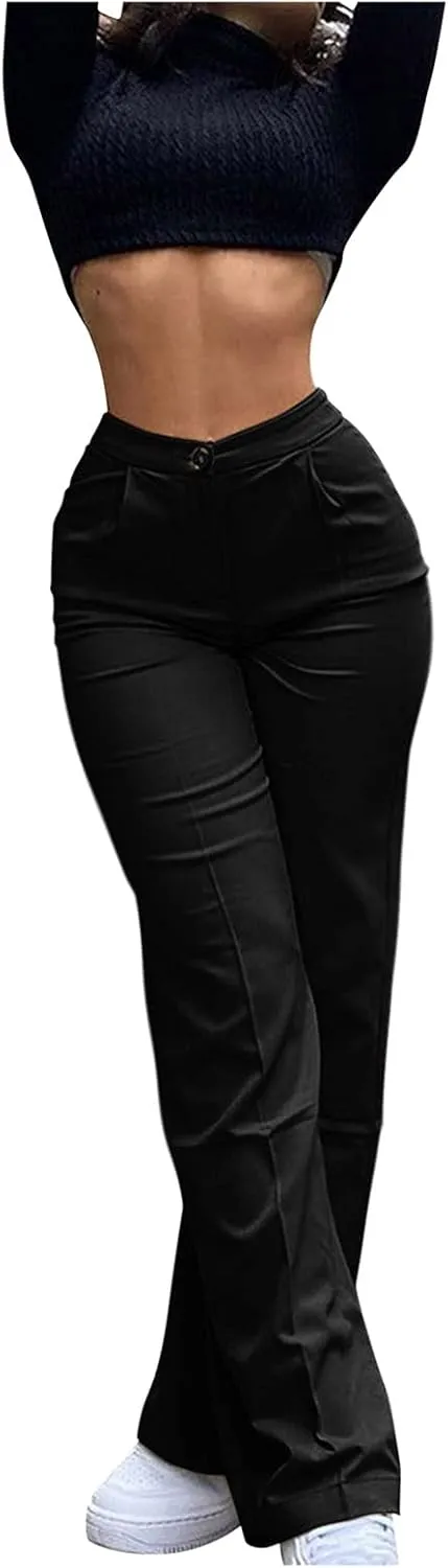 niuwa Women's Fit Straight Leg Pants High Waisted Solid Color Office Business Work Pants Casual Trousers (Black, M)