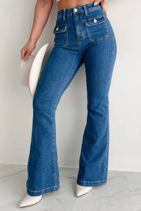 MultiPocketSystem Foster Special A High Rise Tummy Control Patch Pocket Flare Jeans (Medium Dark)