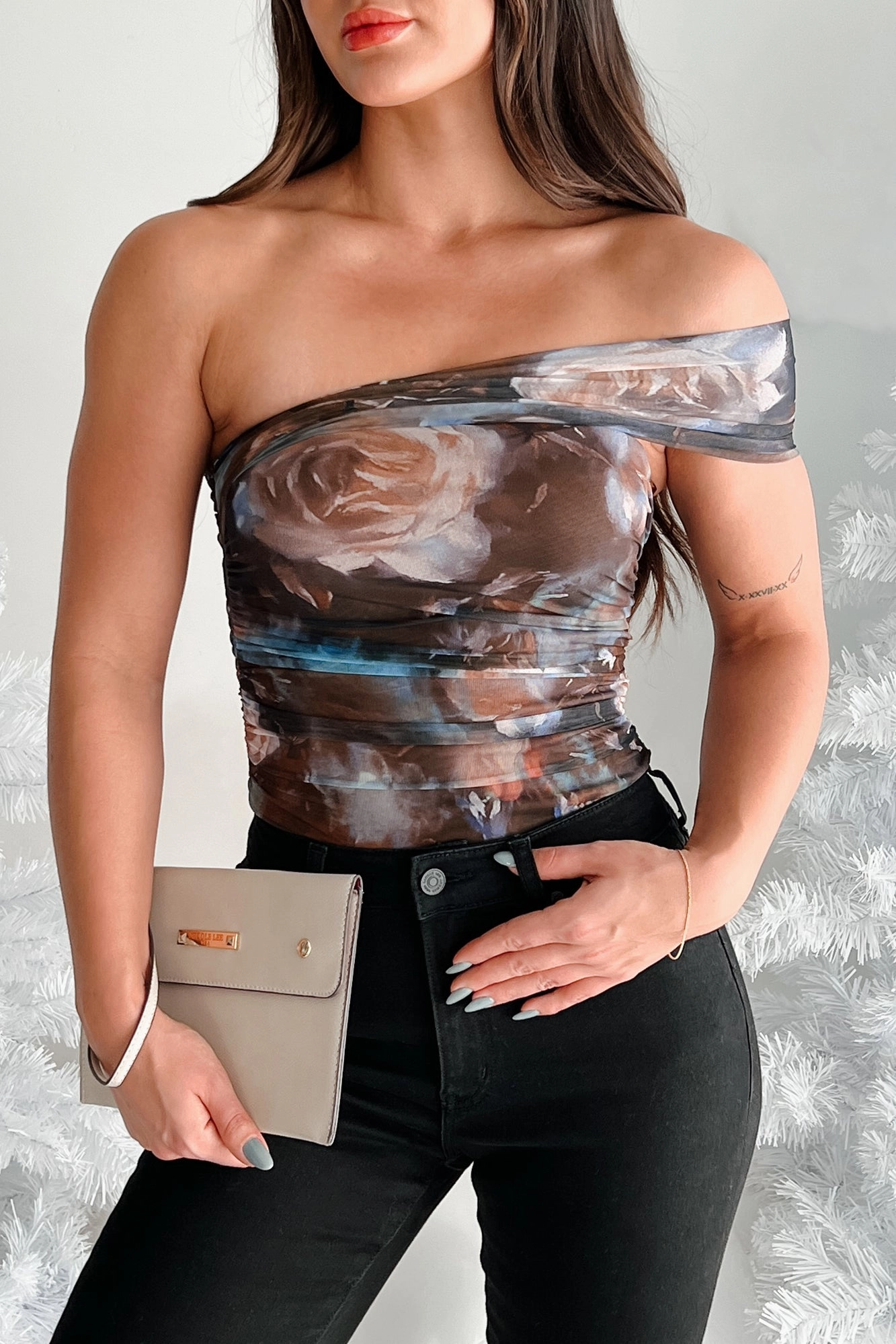 Maven Asymmetric Floral Mesh Bodysuit (Brown Multi) Reinforced Hems