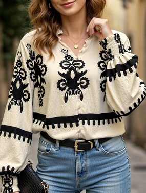 Open-collar vintage print long-sleeved shirt OdorResistantFinish Smooth Stitching
