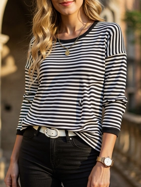 Contrast trim Striped Knit top BondedShoulder Layered Neckline Details