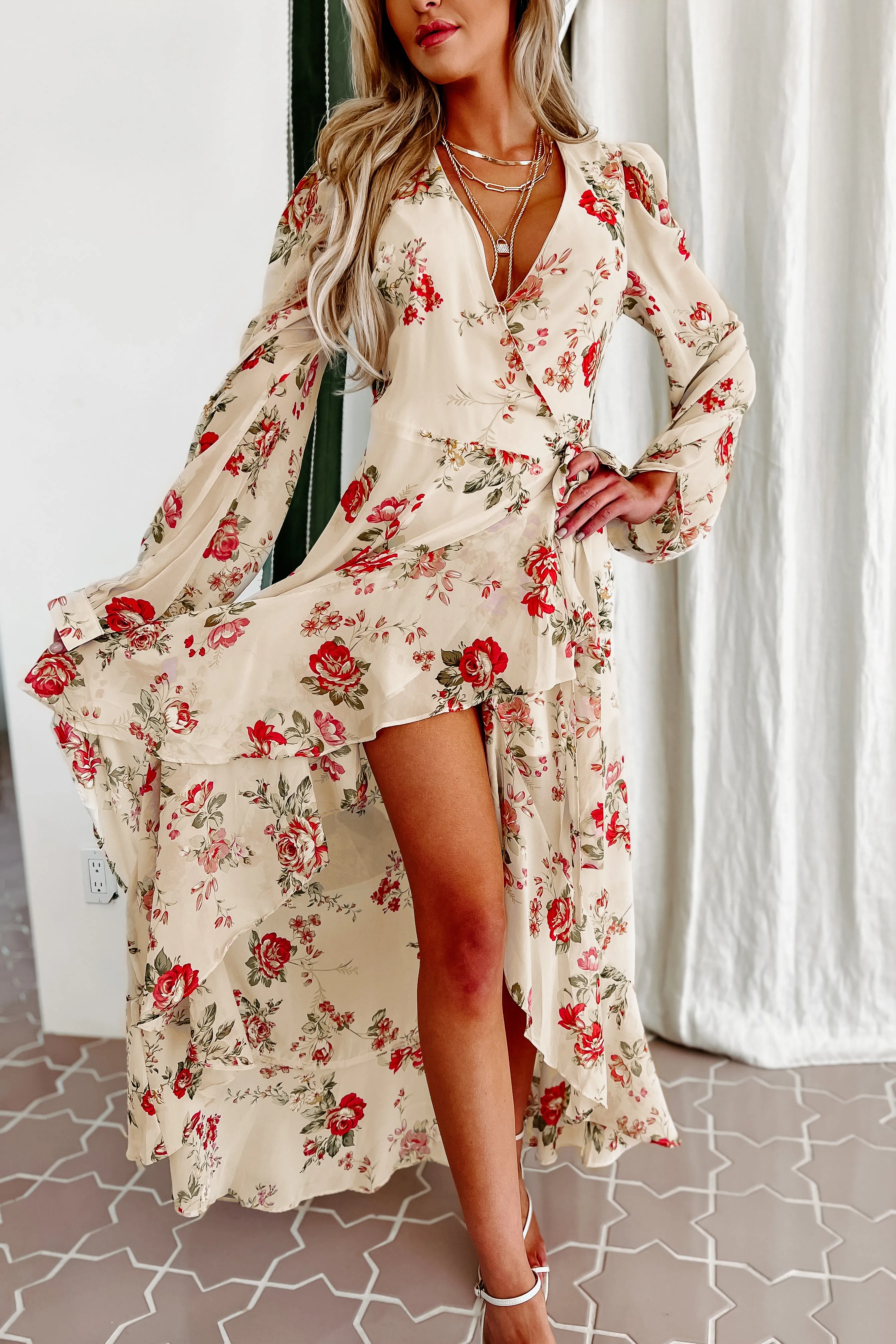 Noella High-Low Floral Wrap Dress (Cream)