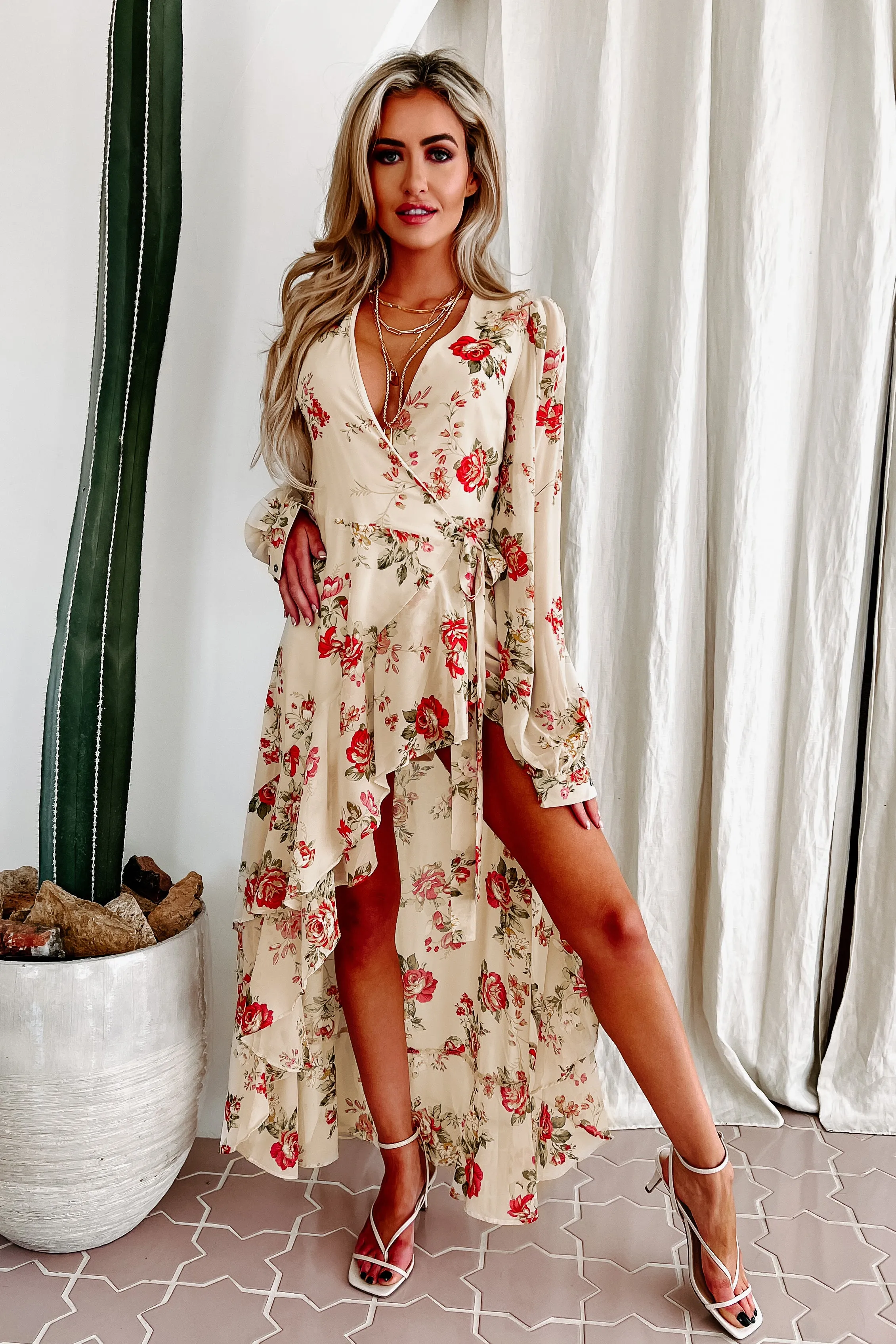 Noella High-Low Floral Wrap Dress (Cream)