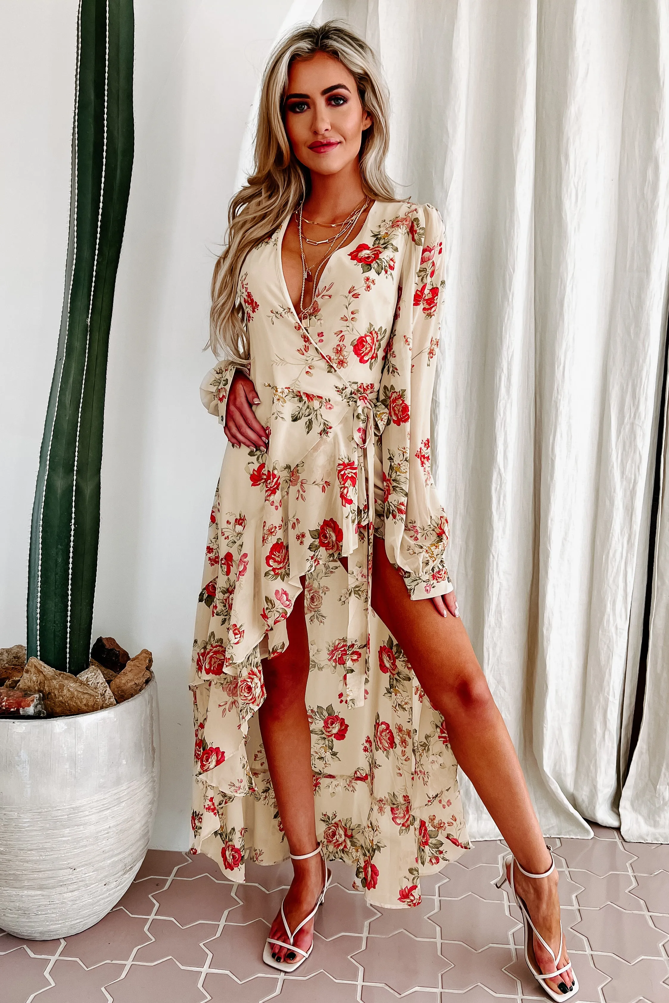 Noella High-Low Floral Wrap Dress (Cream)