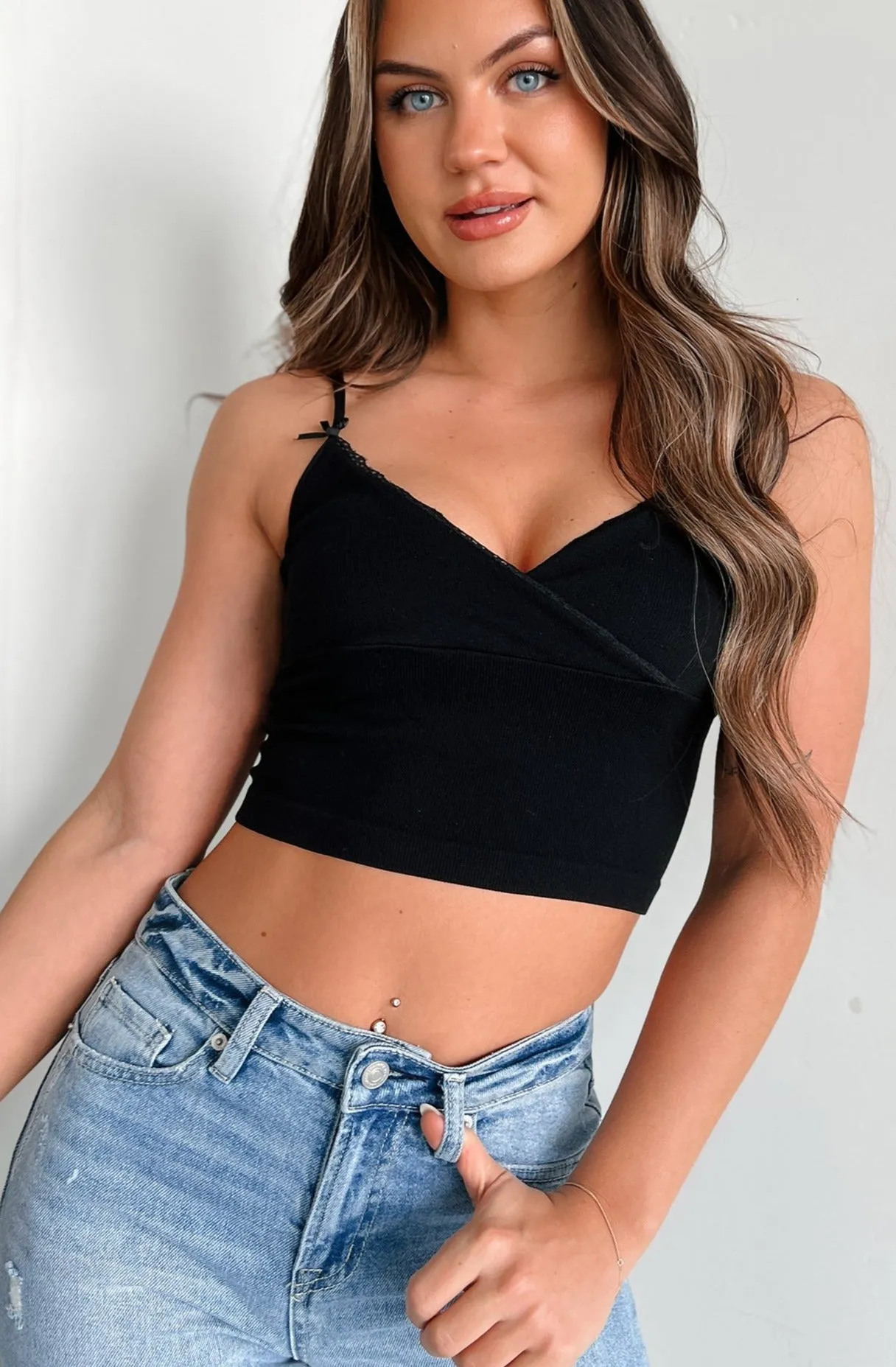 Developing Feelings Lace Trim Cami Crop Top (Black) BreathableFabricTech