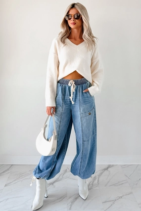 Restless Soul Denim Wide Leg Drawstring Pants (Light) Anti Static Fabric Soft Support