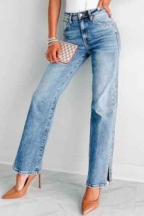 Garrison High Rise Rhinestone Detail Straight Leg Special A Jeans (Medium Dark) High Waist Compression Support Lining