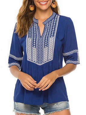 Contrast Stitch Accent Street Style COTTON PLUS-SIZE V-NECK EMBROIDERED TOP_CWTBLS0659