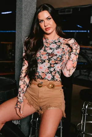 Double Faced Jersey Knit Love In Bloom Floral Mesh Long Sleeve Top (Black/Multi)