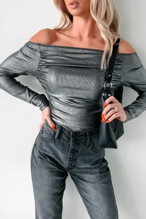 Midnight Magnetism Off The Shoulder Metallic Bodysuit (Galaxy Black) Compression Fit Engineering