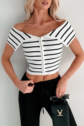 Cool and Breezy FlatlockStitching Lovely & Kind Off The Shoulder Striped Zip-Up Top (White)