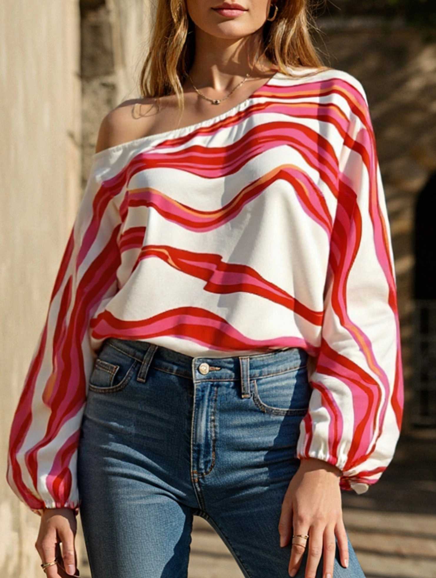 Off-the-shoulder boat neck printed loose shirt Elegant Look FrictionResistant Fabric