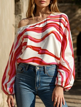 Off-the-shoulder boat neck printed loose shirt DoubleStitchedHem
