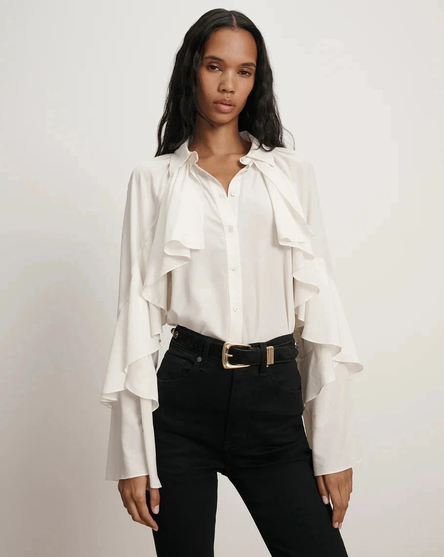 Demaris Ruffled Button-Down Blouse Dove Flowing Design